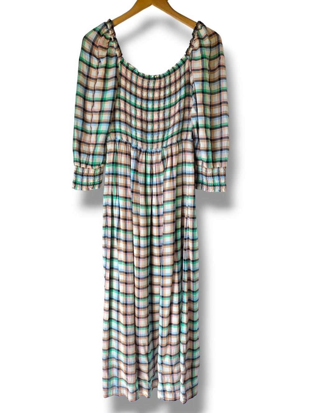 Anthropologie Maeve Cerie Smocked Plaid Square Neck Midi Dress Size Small - Picture 7 of 11